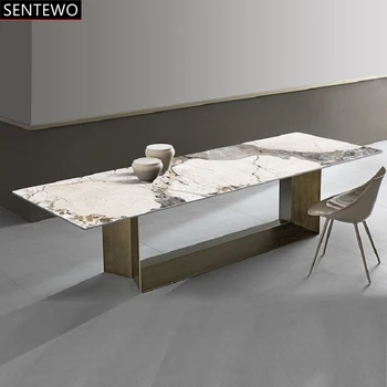SENTEWO Ltalian Prabangus Marmuro valgomojo stalas su 8 valgomasis kėdės Anglies plieno bazę pietų stalo kėdės nustatyti basse marbre